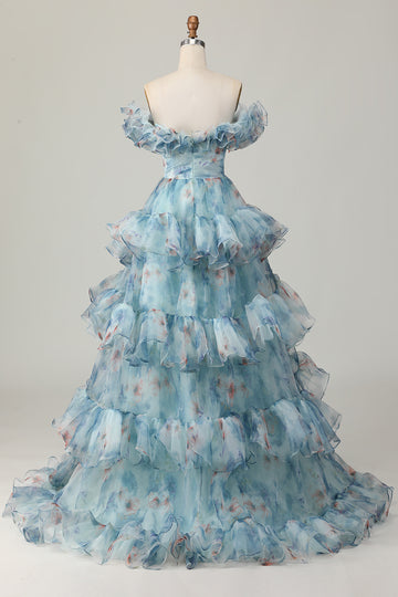 Off The Shoulder Blue Floral Prom Dress With Ruffles